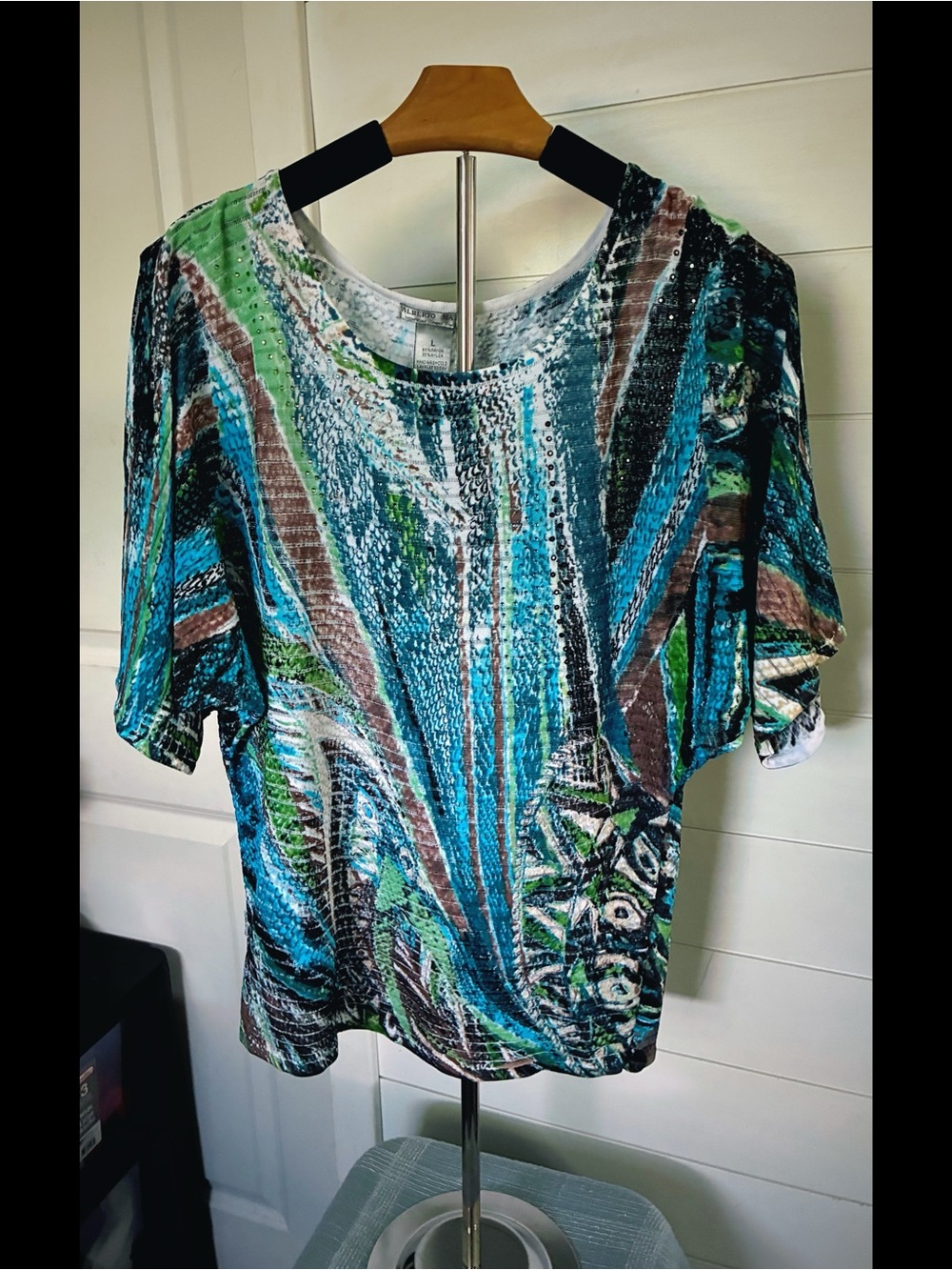 Alberto Makali Blue, Green & Brown Abstract Short Sleeve Top - Picture 3 of 8